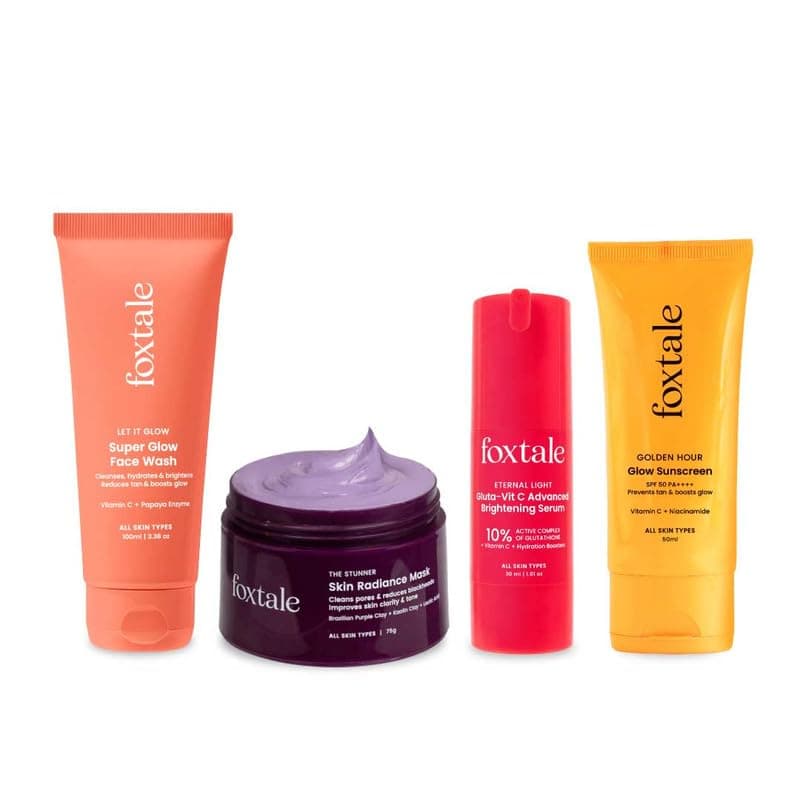 Foxtale Complete Glow Combo | Vitamin C Face Wash + 10% Vit C Serum + Radiance Mask + SPF 50 Sunscreen | Removes tan, brightens, hydrates & protects | For radiant, even-toned skin | For Men & Women