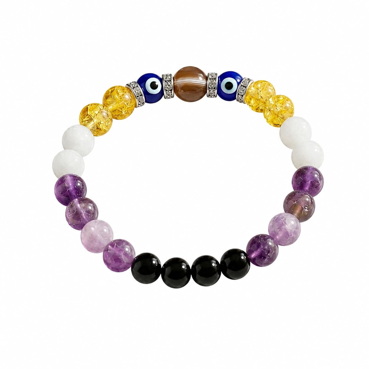 SRI MANDIR Meen (Pisces) Rashi Bracelet | Black Tourmaline, Lepidolite, Amethyst, Aquamarine, Citrine, Evil Eye | For Pisces Intuition & Spirituality | Balances Emotion & Insight | For Men & Women