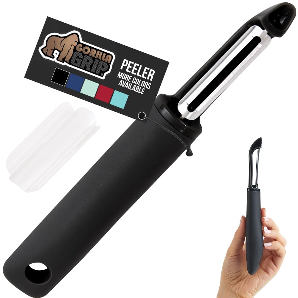 Gorilla Grip Swivel Vegetable Peeler, Sharp Stainless Steel Blades, Soft Comfortable Handle, Dishwasher Safe, Kitchen Food Peelers, Quicker Peeling, Peel Vegetables, Potatoes, with Blade Guard, Black