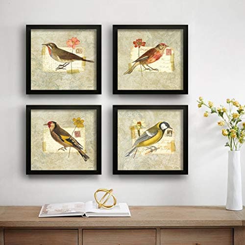 SAF Set of 4 Couple Birds Sitting on Flowers UV Coated Home Decorative Gift Item Framed Painting 19 inch X 19 inch SAF_SET4_7(Multicolor,Floral)