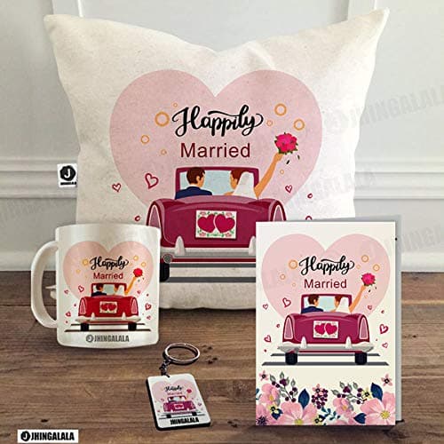 Jhingalala ® Printed Combo Gift Set for Newly Married Couple, Happy Married Life Printed Gift Pack (Cushion Cover 12 x 12 inch, Cushion Filler, Mug, Key Ring, and Greeting Card)
