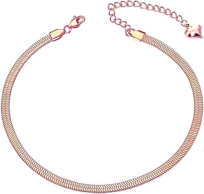El Regalo 1PC Stainless Steel Anklet- Anti Tarnish, Waterproof 18K Rose Gold Plated Flat Snake Chain Link Dainty Anklet for Girls & Women, Boho Summer Beach Foot Jewelry