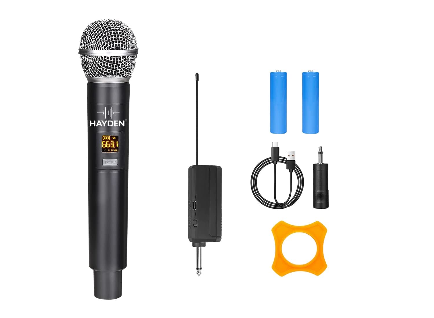 Hayden HY-58 Wireless Mic, Microphone, UHF Karaoke Dynamic mic with Type C Rechargeable Receiver & Hand Mike System 6.35mm Jack, 30-50 Meter Cordless Range (Single Microphone)