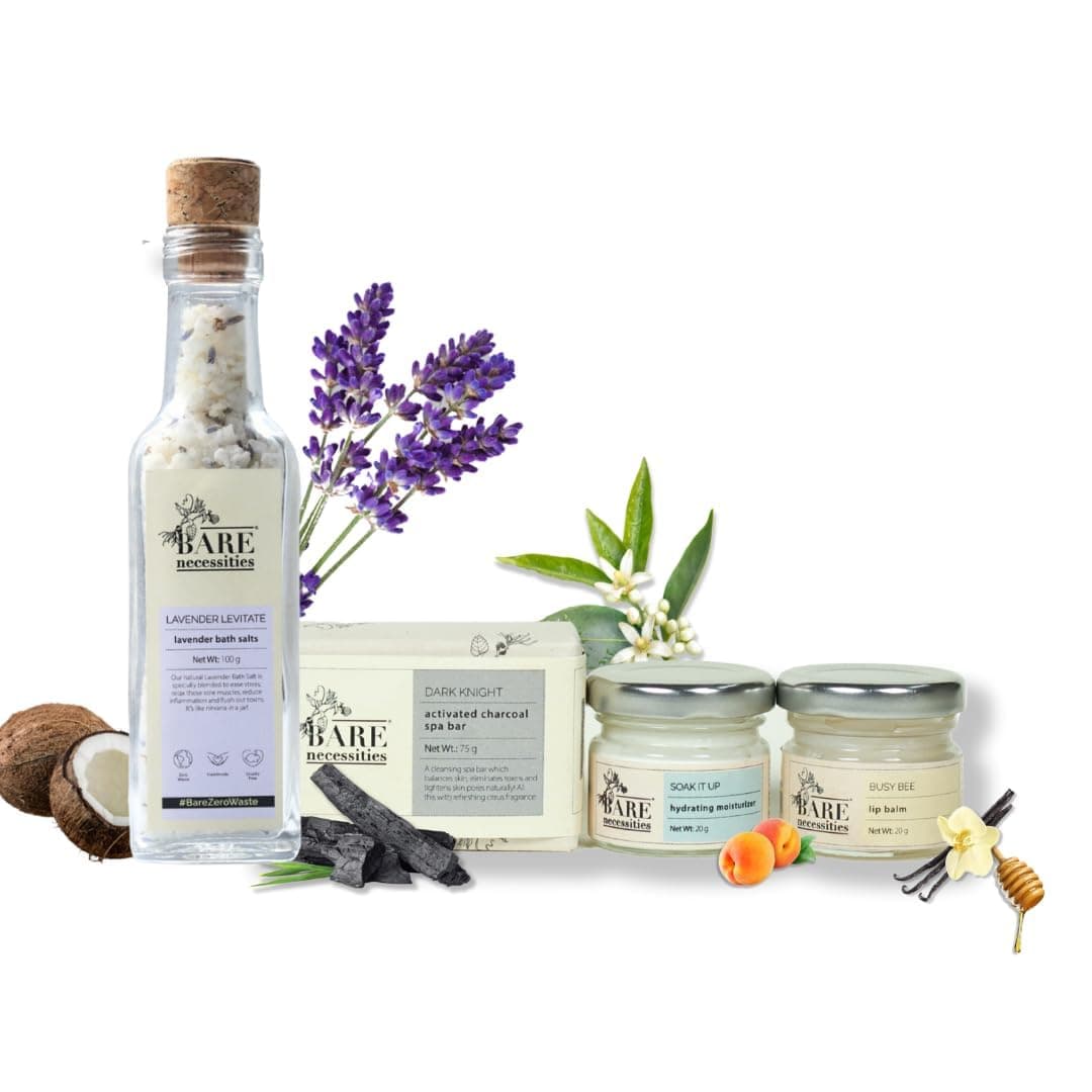 Bare Necessities Luxury Spa Gift Hamper for Women & Men | Bath & Body Gift Set with Moisturiser, Lip Balm, Charcoal Soap & Bath Salt | Self Care, Wellness & Sustainable Gift Box for Birthday, Anniversary & Relaxation