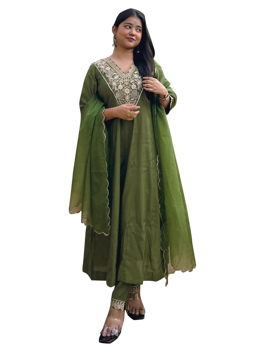 VredeVogel Women's Silk Blend Embroidered Anarkali Kurta with Pant & Dupatta Set | Festive & Casual Women Ethnic Kurta Set for Women