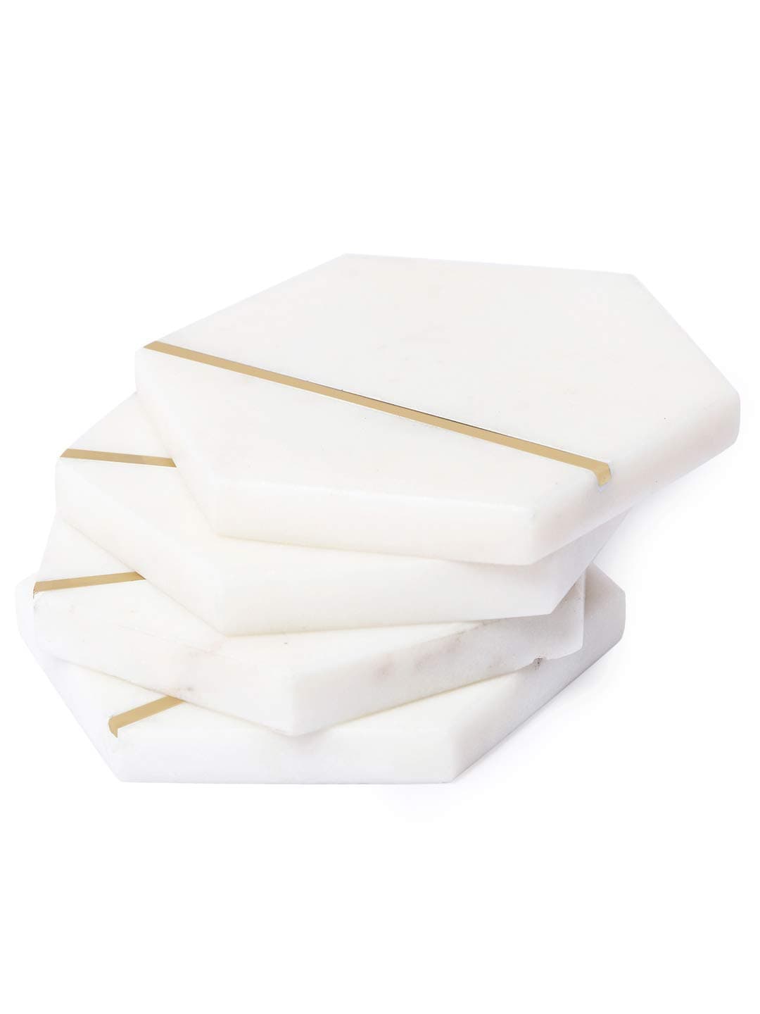 NikkisPride White Marble Coasters Embellished with Pure Brass Inlay Vintage Handmade Coaster Set of 4