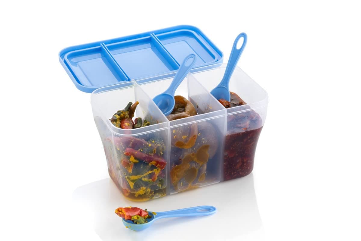 HAPPI Multipurpose Plastic 3 In 1 Masala Box for Kitchen, Spice Boxes for Kitchen, Transparent 3 Compartment Storage Containers Airtight Dry Fruits Dabba 1100 Ml with 3 Spoons(Blue)