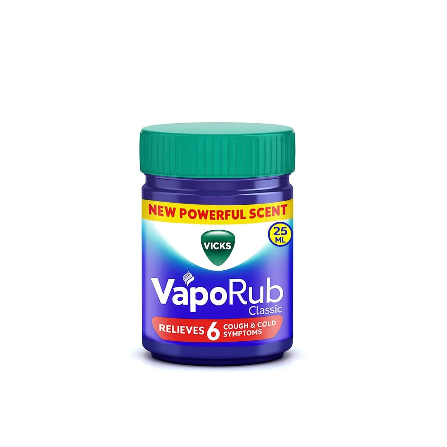 VICKS VAPORUB 25ml, With New Powerful Scent, Relief From 6 Cough & Cold Symptoms: Cold, Cough, Blocked Nose, Headache, Body Ache, Muscular Stiffness, and Breathing Difficulty