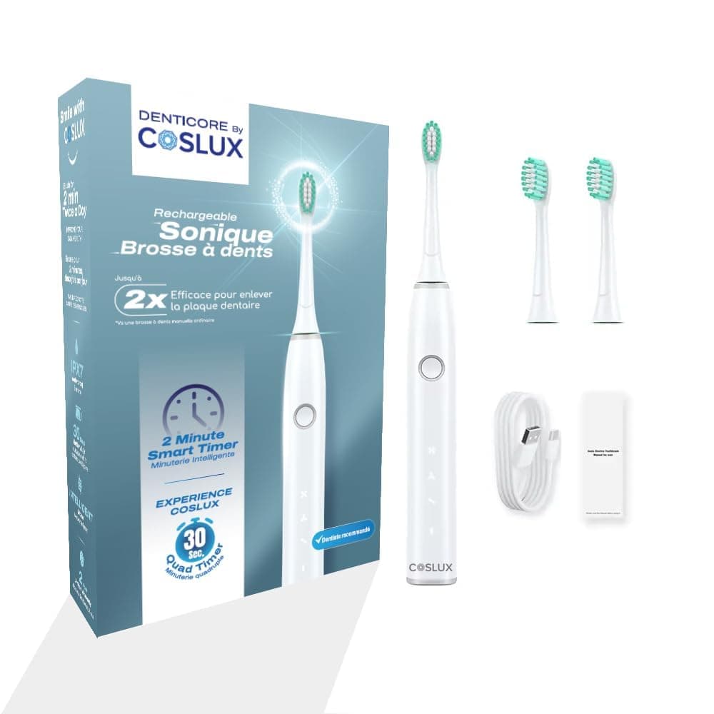 COSLUX Sonic Electric Toothbrush for Adults – 14,000 Micro-Brushes/Min, Rechargeable Ultrasonic Toothbrush with Timer, IPX7 Waterproof, 30 Days Battery Life, Includes 2 Brush Heads (White)