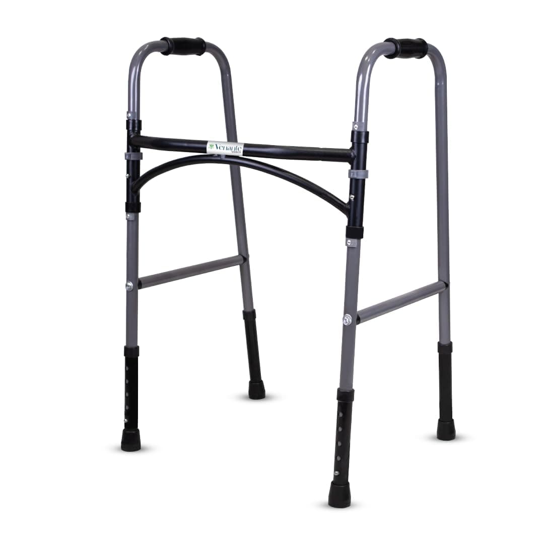 Venante U-Shape Foldable Walker for Elderly and Seniors, Lightweight 100kg Capacity, Mild Steel Frame, Height Adjustable Walking Aid for Men and Women, Premium Rubber Shoes (Grey)