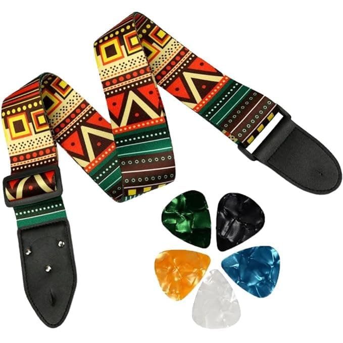 IMAGINEA Guitar Strap Adjustable 35 to 60 Inch, 2 Inch Wide Bohemian Printed Cotton Strap with Leather Ends for Acoustic Electric Bass Guitar, Comfortable Shoulder Design, Unisex