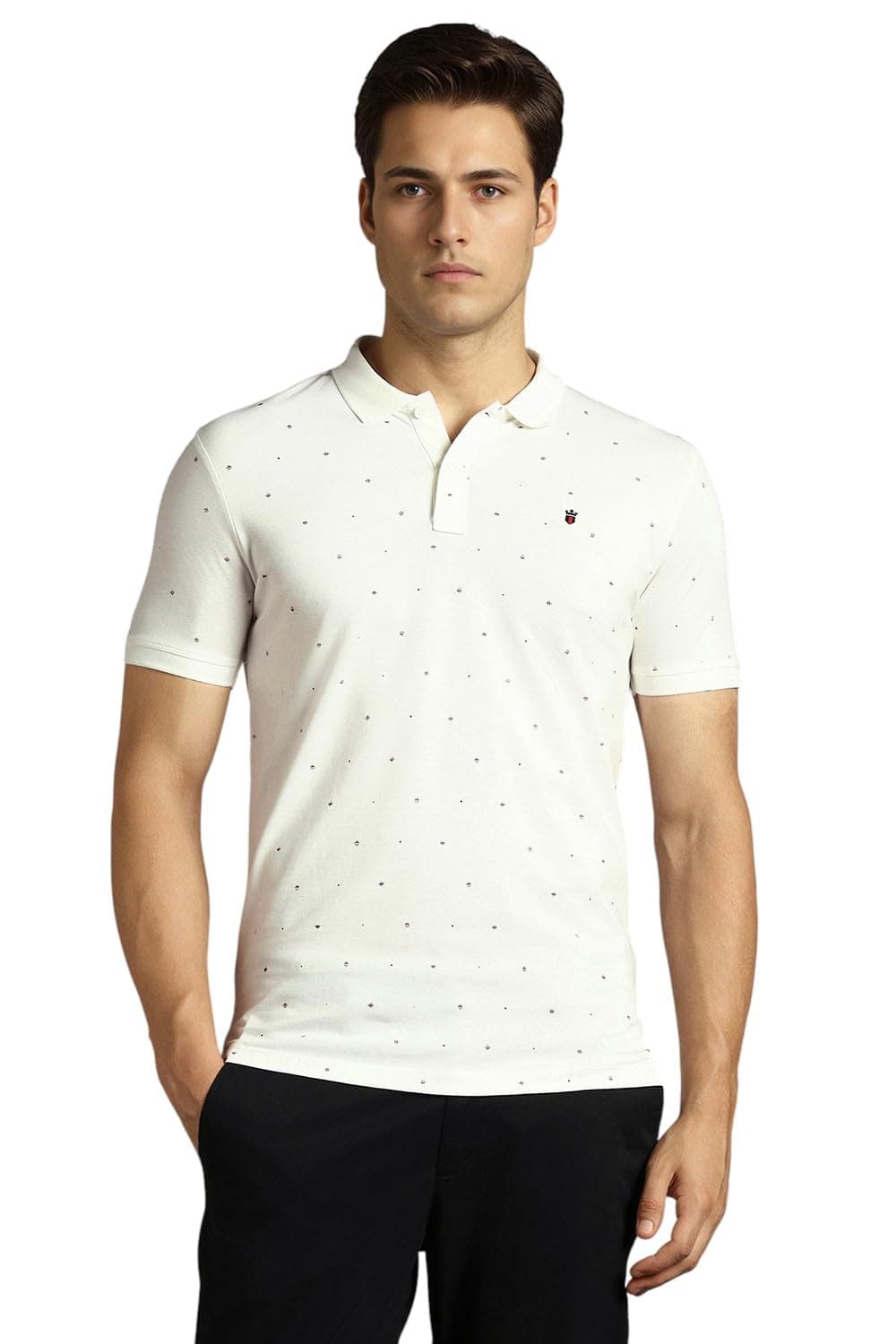 Louis Philippe Men's Slim Fit Premium High-End Pique in Superior Cotton All Over Print Half Sleeve Polo Tshirt for Everyday Essentials