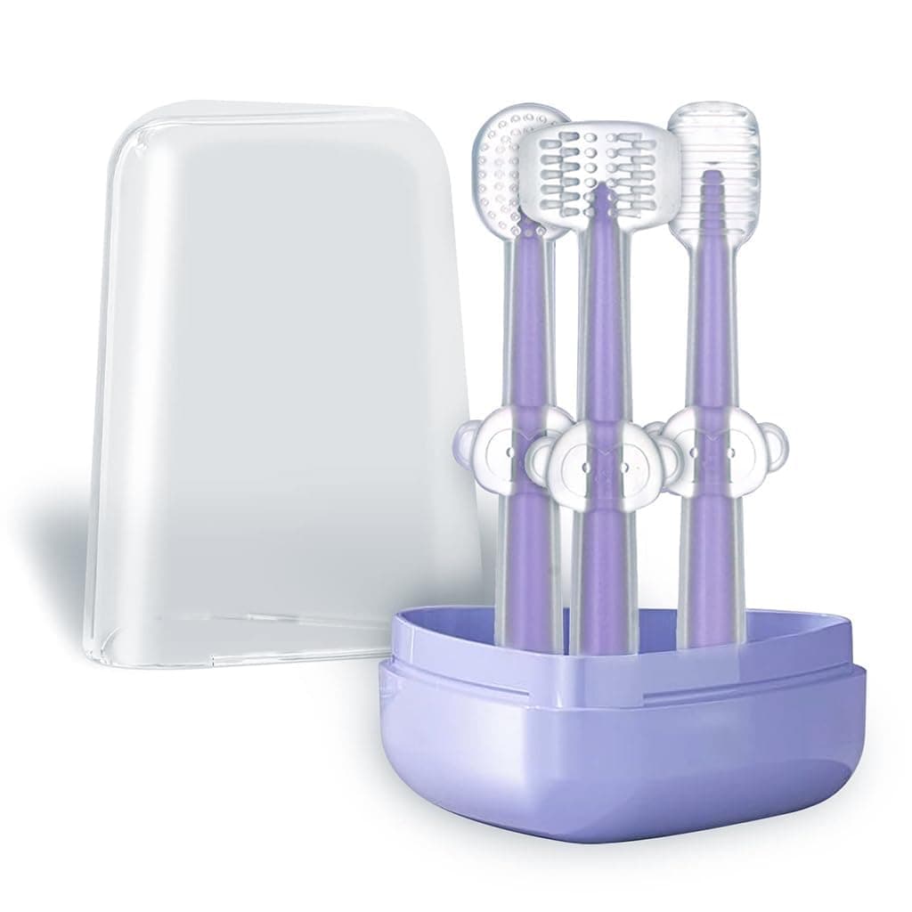 Krizkey 3 Pcs Silicone Baby Manual Toothbrush Set For 0-18 Months Includes Newborn Tongue Cleaner, U-Shaped Toothscrubber,Soft Gum Massager With Travel Case Infant Oral Care [Multicolor]
