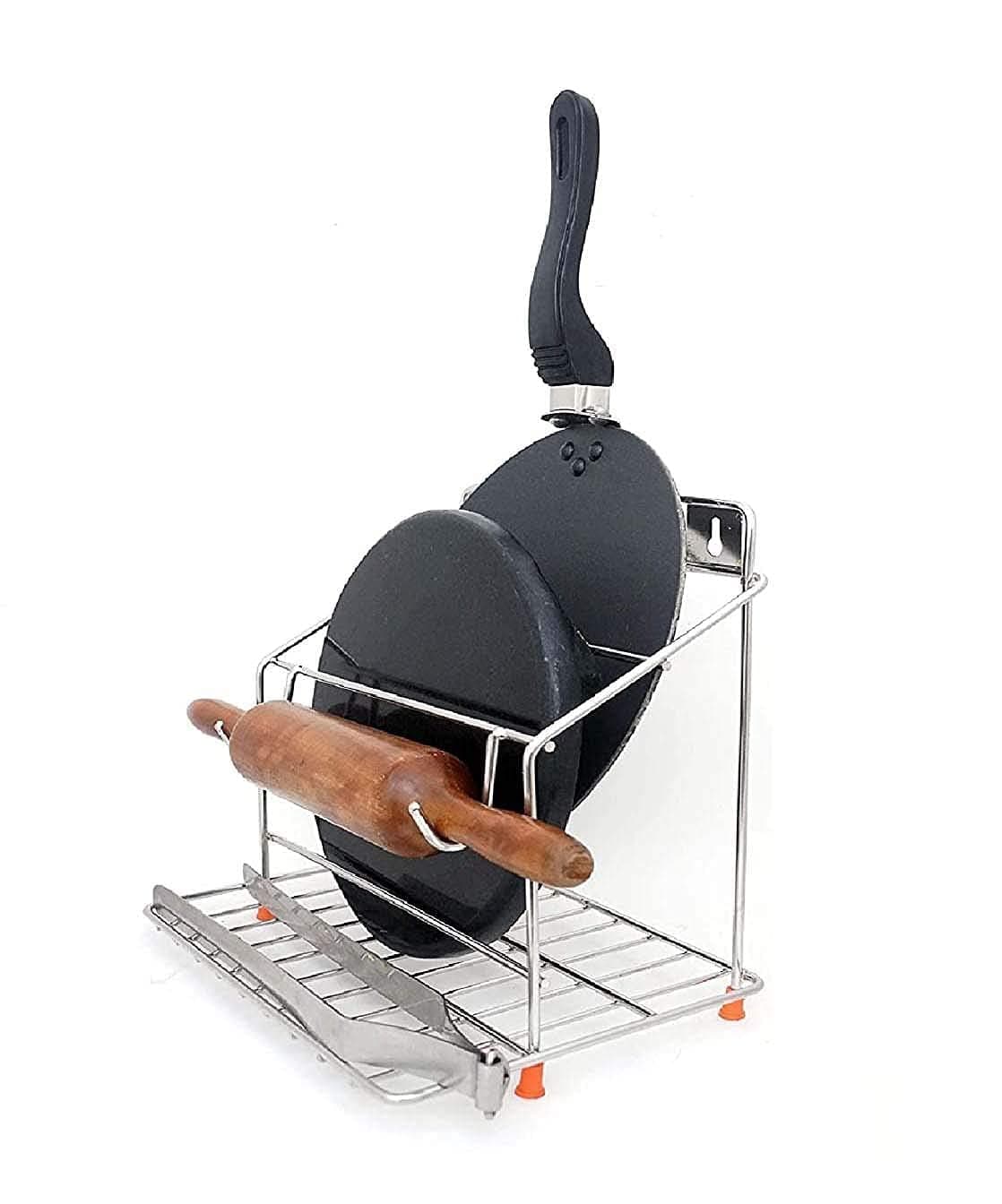 NH10 DESIGNS Stainless Steel Chakla Belan and Tawa Stand for Kitchen - 4 in 1 Tawa Chimta Stand, Rolling Pin Board Holder Wall (Only, Floating Shelves) (NHSP)