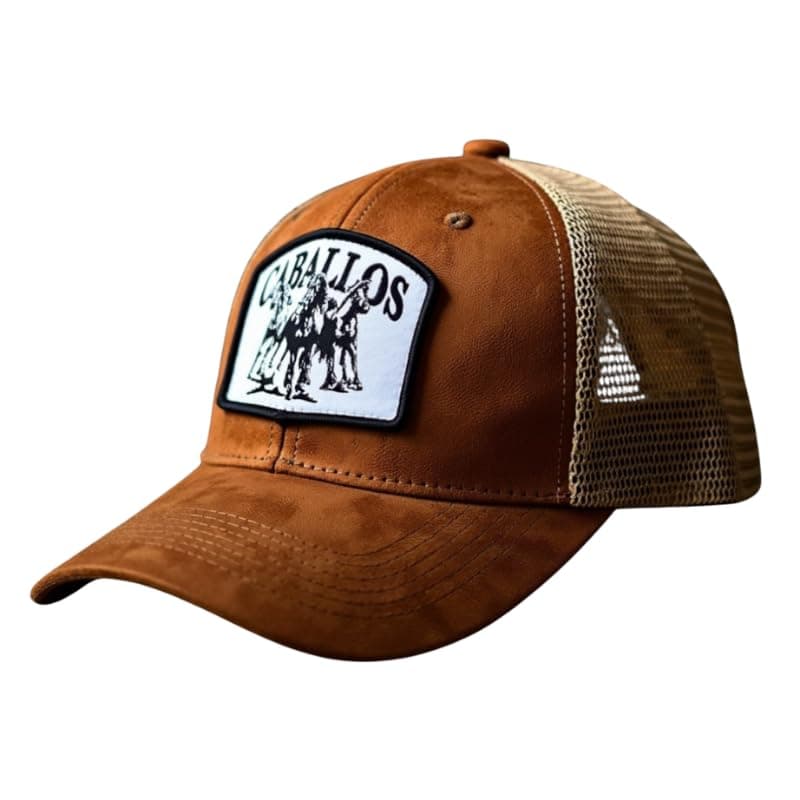 WHIM BRIM Baseball Cap for Men Original Adjustable Unisex Cap, Mens Caps Stylish, Brown Suede Cap with Net Back, Structured 6 Panel Trucker Hat, Caballos