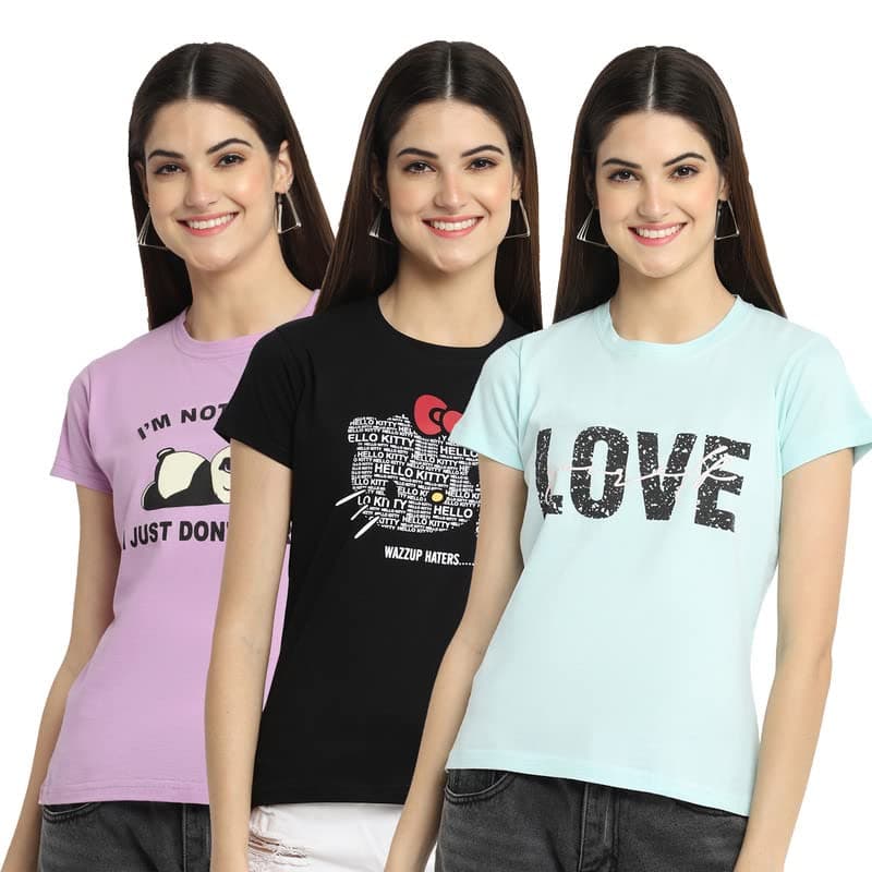 Preneum Women's Cotton Regular Fit Latest Graphic Stylish Printed Short Sleeves Casual T-Shirt || Trendy Designs (Pack 3), Multi377, L