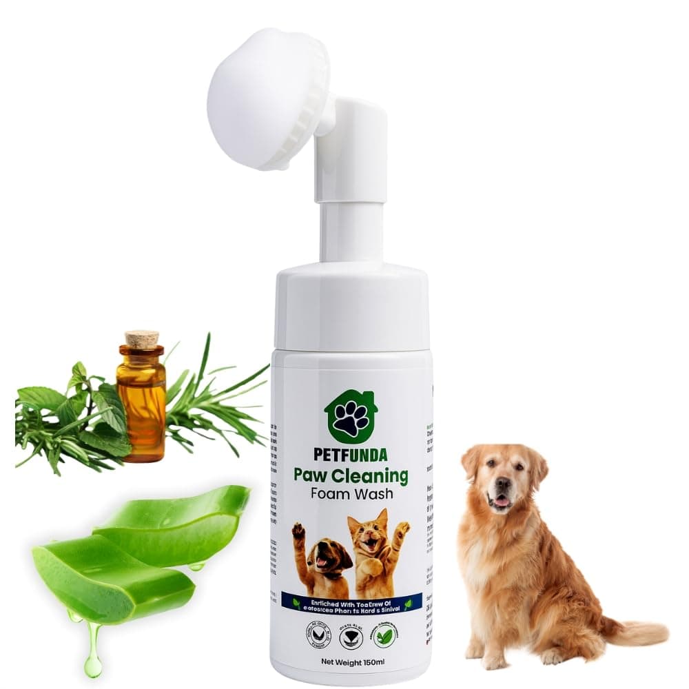 PetFunda Paw Cleaning Foam Brush for Dogs, Cats, Puppies | Ayurvedic Aloe Vera & Tea Tree Oil Formula | Lick-Safe Foot Scrubber | Gentle Paraben-Free Paw Care Tool | 150ml