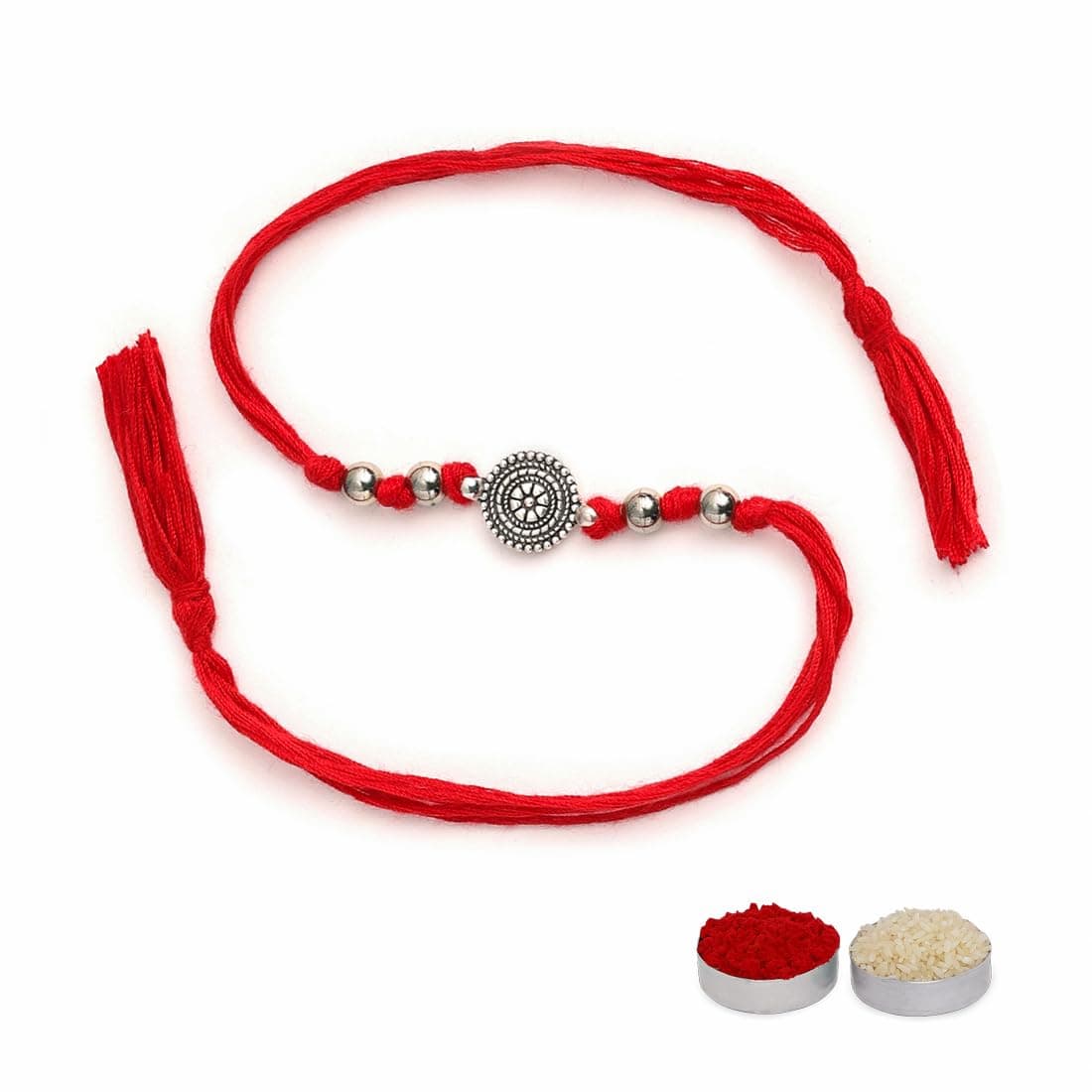 El Regalo 1PC Simple Red Thread Rakhi for Brother- Minimalist Antique German Silver Charm Rakhi with Roli Chawal, Rakhi Message Card