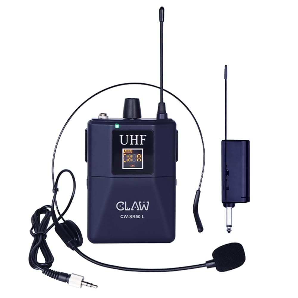 CLAW CW-SR50L Professional UHF Wireless Lavalier and Head Microphone with One-Tap Mute, Plug & Play Bodypack Rechargeable Receiver, LED Display, 50m Range,for Teaching, Vlogging, Stage & PA System