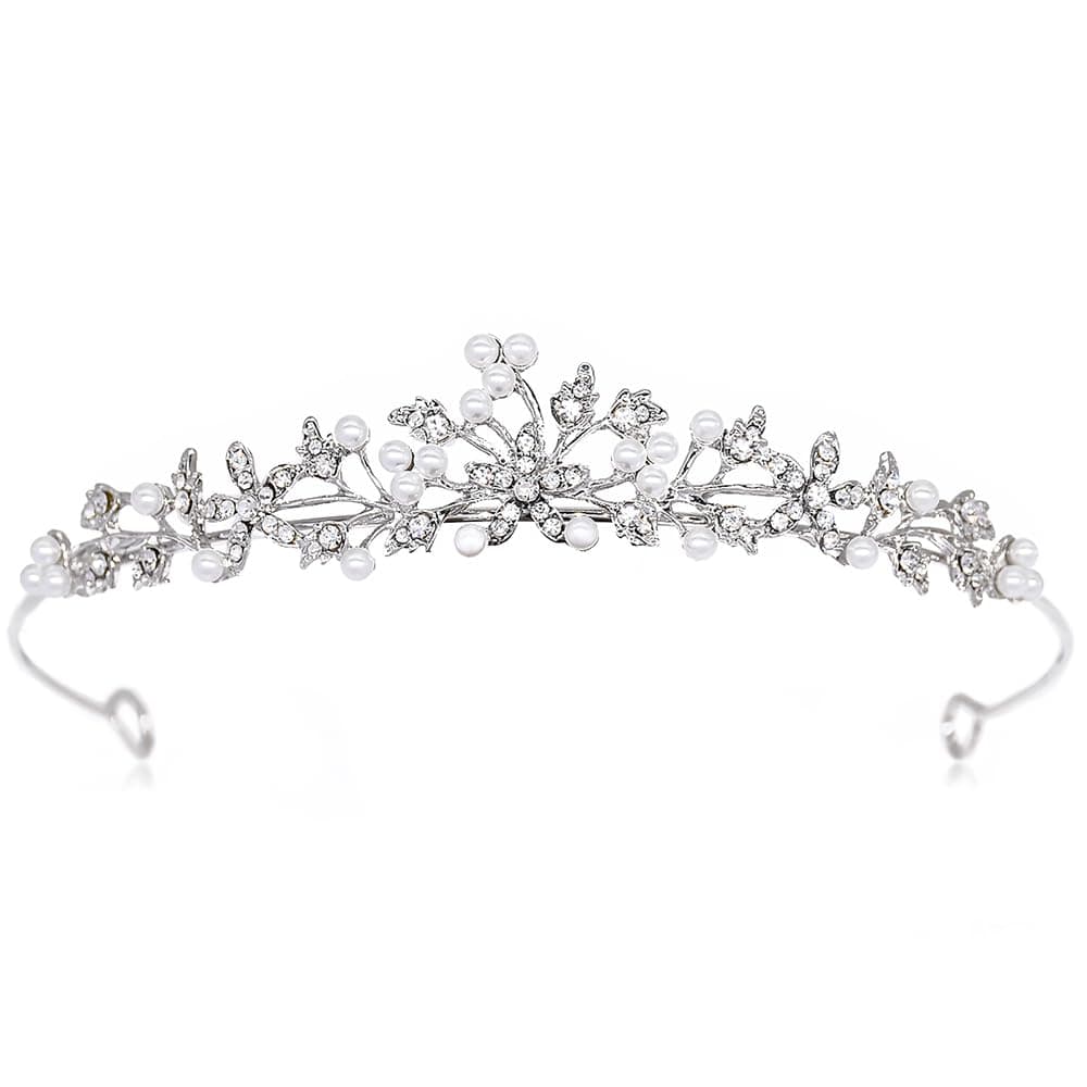 Flower Leaf Faux Pearl Rhinestone Crystal Bridal Tiara Crown Princess Headband For Wedding Prom Silver
