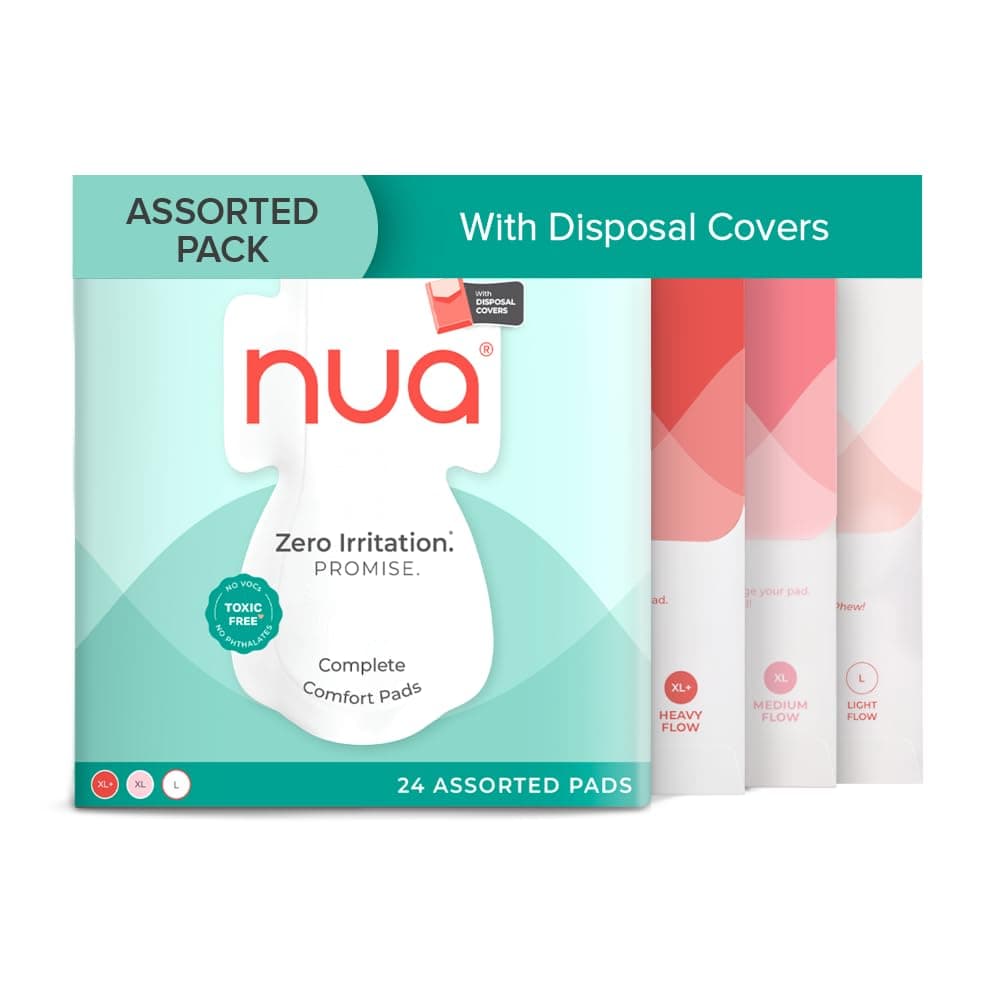 Nua Complete Comfort Sanitary Pads for Sensitive Skin | Pack of 24 Pads (6 Heavy Flow, 8 Medium Flow, 10 Light Flow) with Disposal covers | Zero Irritation | Comfortable All-Day Protection | Ultra-Thin | Super Absorbent | No rashes | 50% Wider Back | 100% Toxic-Free, Dermatologically Tested
