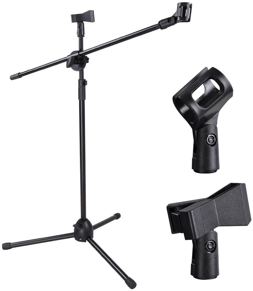 CLAPONE Mic Stand Boom Arm Microphone Adjustable Suspension Boom Scissor Arm for Podcasting Gaming Recording Tripod Microphone (Mic Stand 3 Leg, Black)