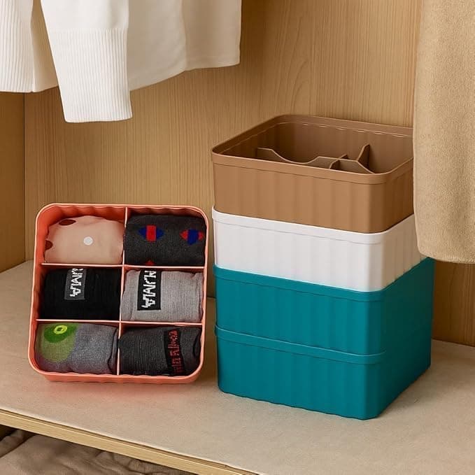 DEALDASH Pack of 4 Drawer Organizer Storage Box Set, 6 Compartments, BPA-Free, Multi-Color, for Wardrobe Clothes and Accessories