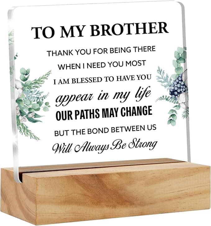 Bs amor Brother Gift Best Brother Gifts From Sister, Inspirational Brother Love Desk Decor Floral Acrylic Desk Plaque Sign with Wood Stand Home Office Desk Sign 5x4 inches