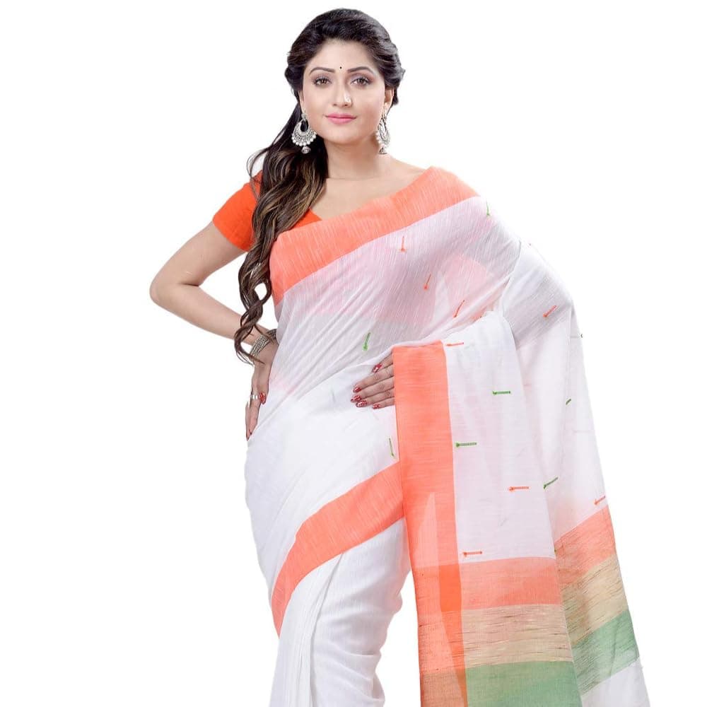 dB DESH BIDESH Women`s Cotton Soft Handloom Saree Tiranga Trendy, Soft Tri Colour Sadi Republic Day Latest,Mashal Design Party,Wear Cotton Silk Fancy Sarees With Blouse Piece Tri color Saree for Women