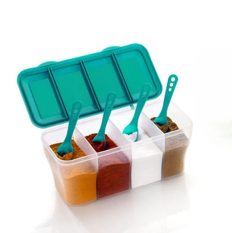 HAPPI Multipurpose Plastic 4 In 1 Masala Box for Kitchen,Spice Boxes for Kitchen,Transparent 4 Compartment Storage Containers Airtight Grocery, Dry Fruits Box 1800 Ml with 4 Spoons(Sea Green)
