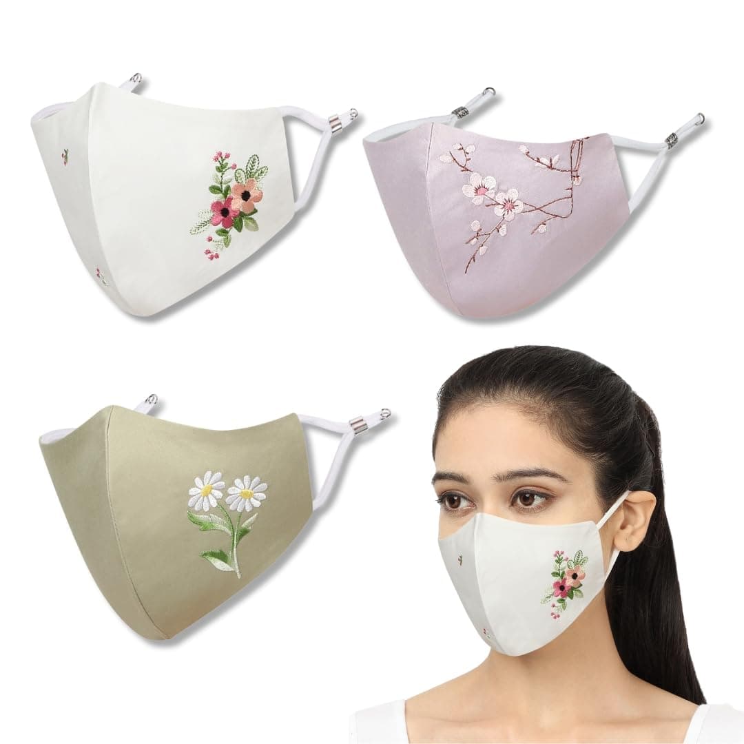 MASQ Blossom Combo, Anti-Pollution Embroidered 4-Layer Premium 100% Pure Cotton Cloth Mask, Anti- Bacterial Filteration Efficiency (BFE)>99%, Reusable & Adjustable, Purple, White & Green, Pack of 3