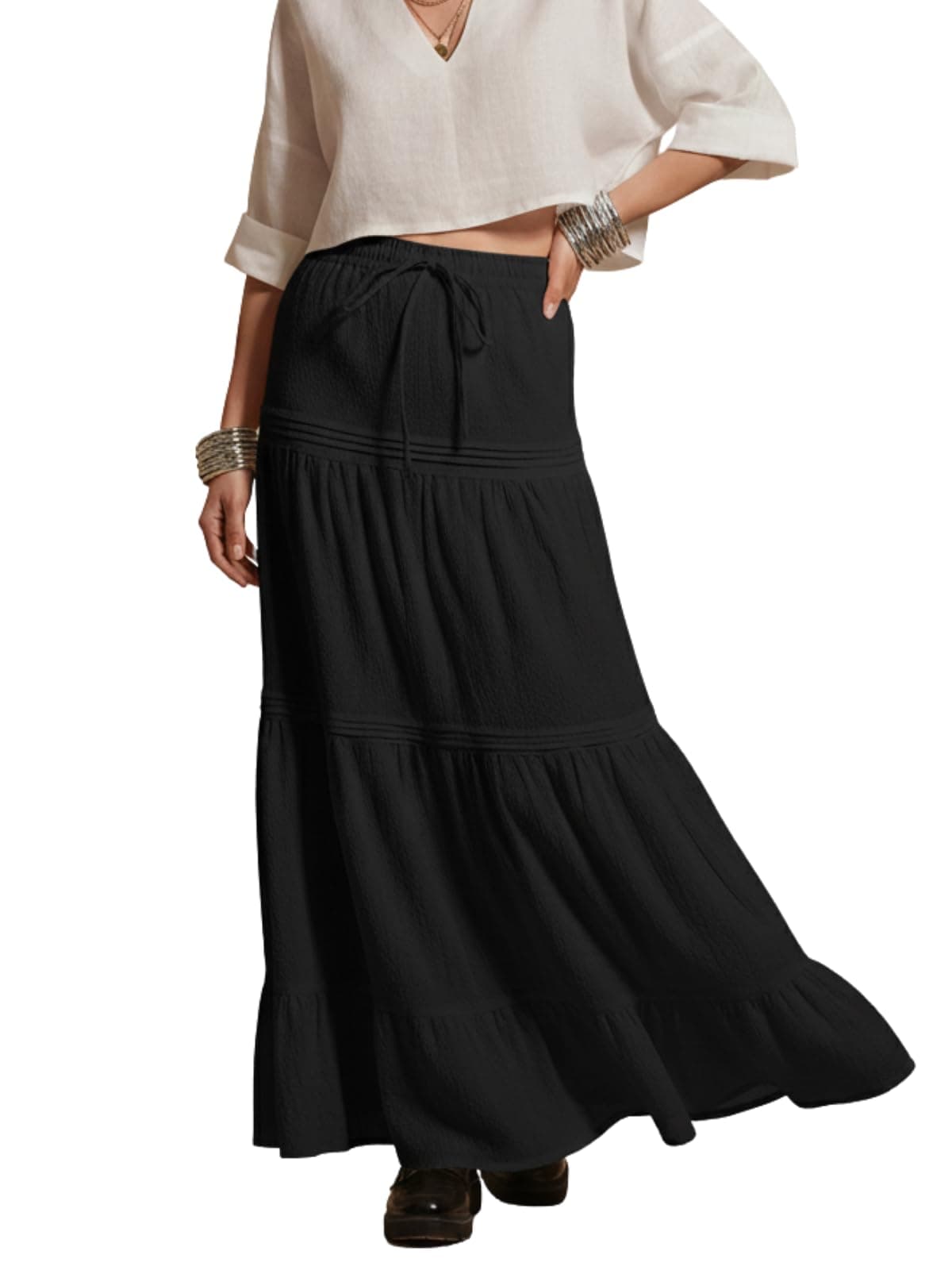 GRECIILOOKS Women's Summer Ruffle Hem PolyBlend Maxi Skirt | High Waist Long Skirt's | Plain A-Line Flowy Skirt for All Occasions | Elegant Boho Style