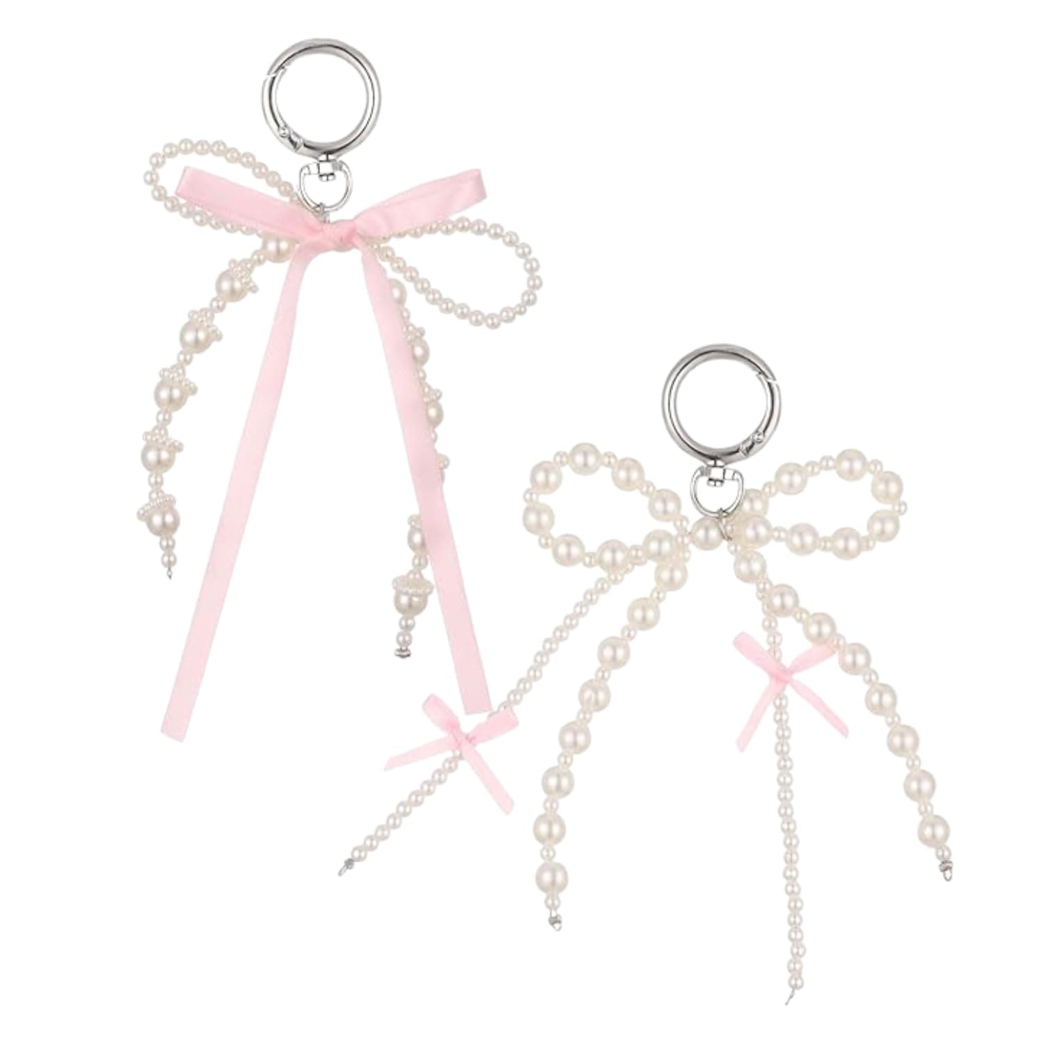 Flavizo 2Pcs Pearl Bow Keychain Set for Women - Elegant Ribbon Bow Bag Charms for Handbags, Cute Aesthetic Keyring for Purse, Phone Sling Strap Bling Accessory Gift