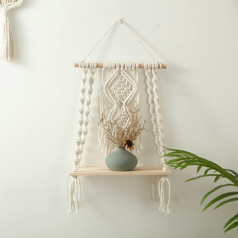 Urooz Macramé Wall Hanging Shelf |1000| Indoor Boho Wall Decor for Bedroom, Wood Hanging Shelf Organizer, Handmade Woven Cotton Rope Bohemian Home Wall Décor (Set of 1,Beige)