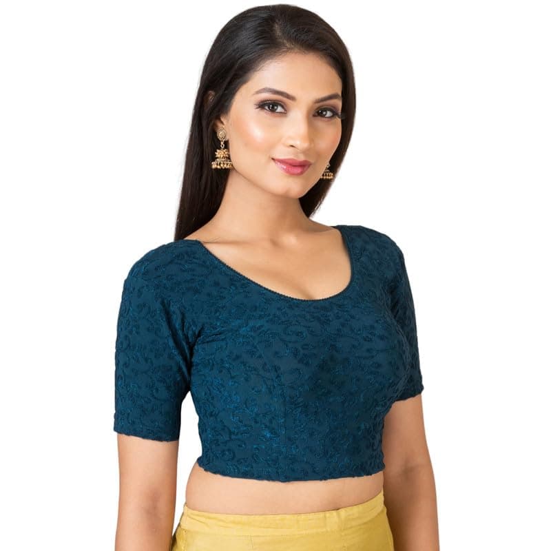 Tirthveer Round Neck Dobby Cotton Lycra Stretchable Elbow Sleeve Readymade Saree Blouse for Women Stylish(Blouse_Lycra_All)