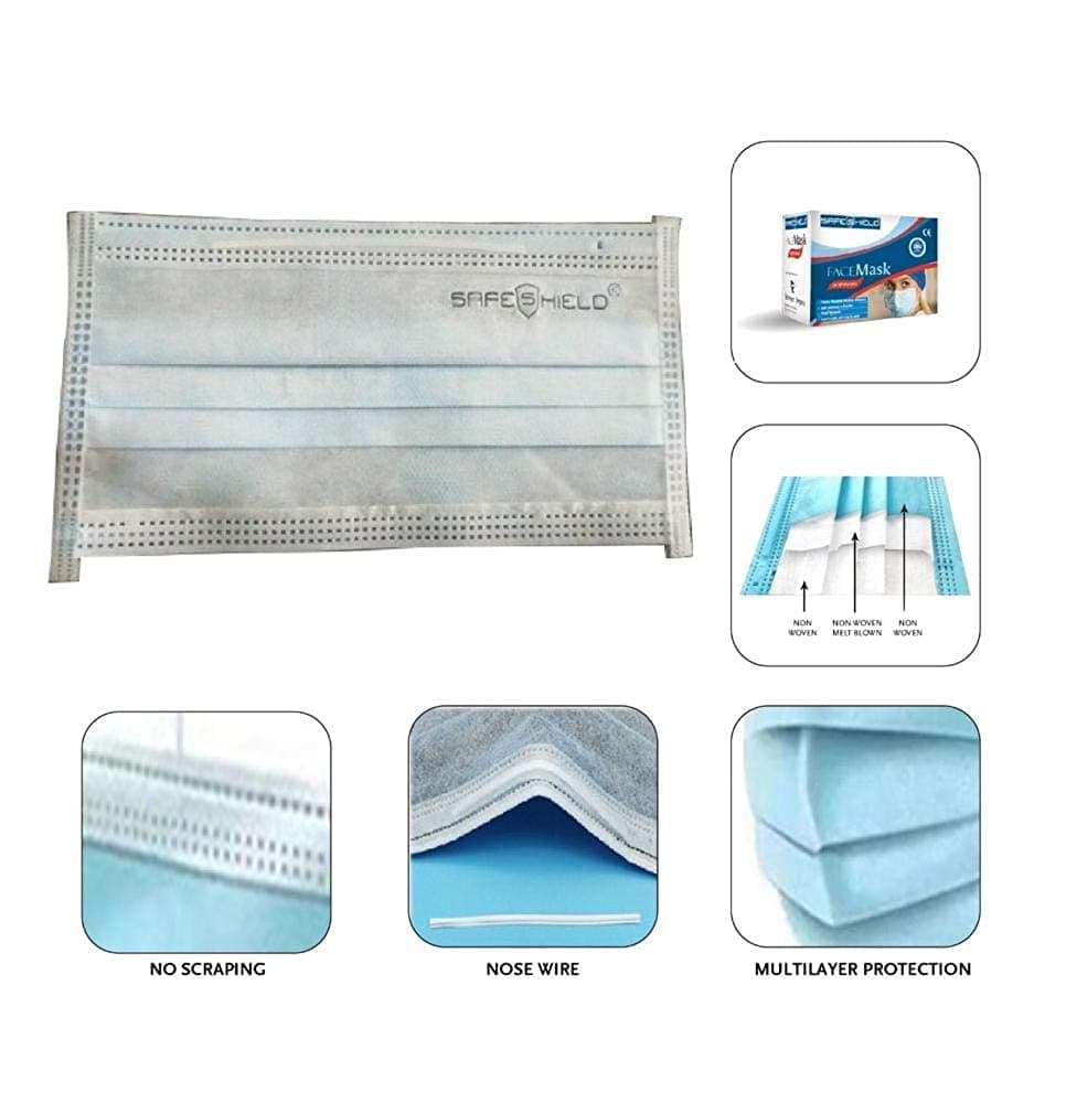 Safeshield Meltblown Fabric Disposable 3 Ply Surgical Face Mask with Nose Pin and Ear Loops (Blue, Without Valve, Pack of 50) for Unisex