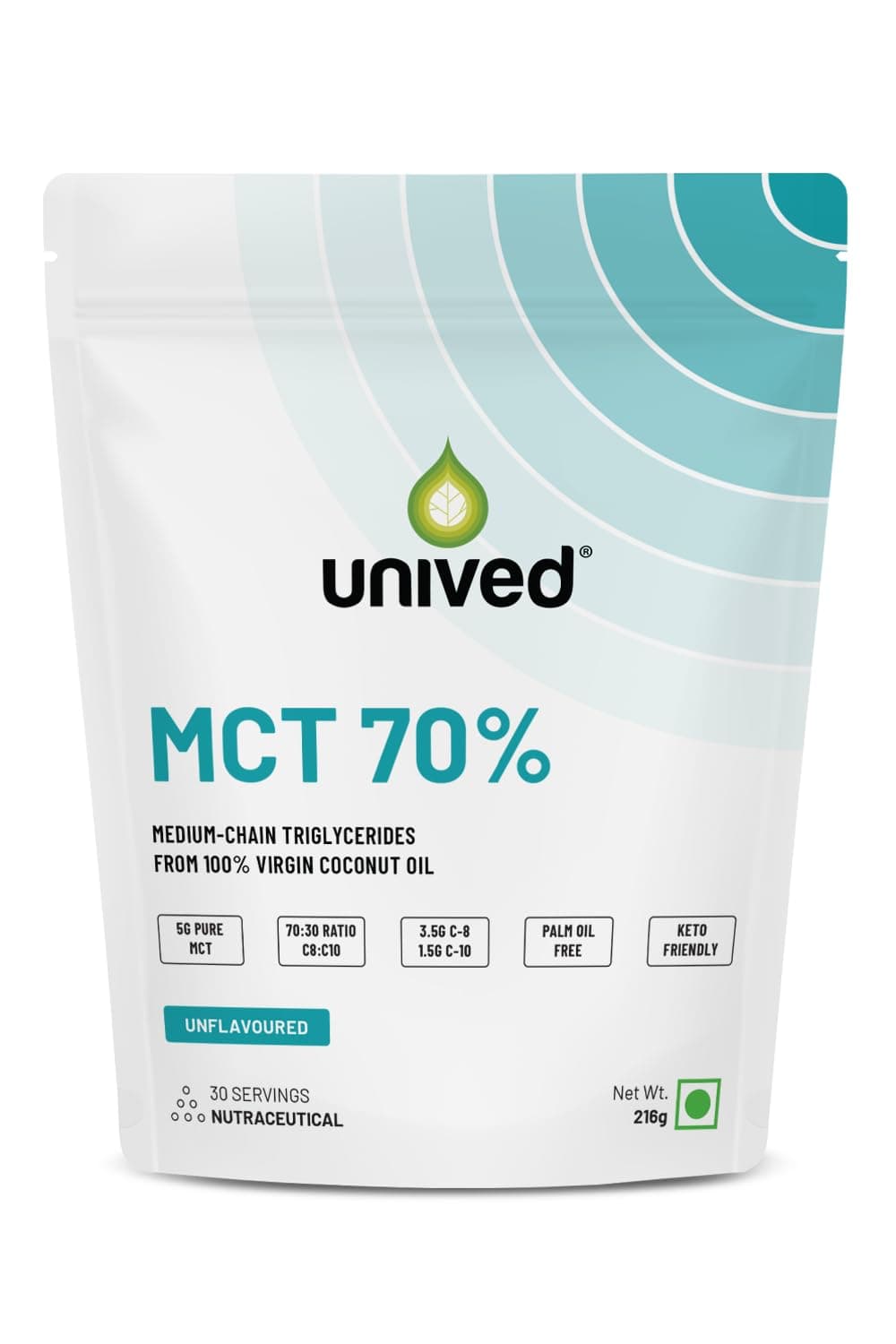 Unived MCT 70% | Medium Chain Triglyceride Oil Powder | Clean Energy Fuel | Pure MCT 5g with C-8: 3528mg & C-10: 1512mg in a 70:30 ratio | Keto Friendly | 30 Servings