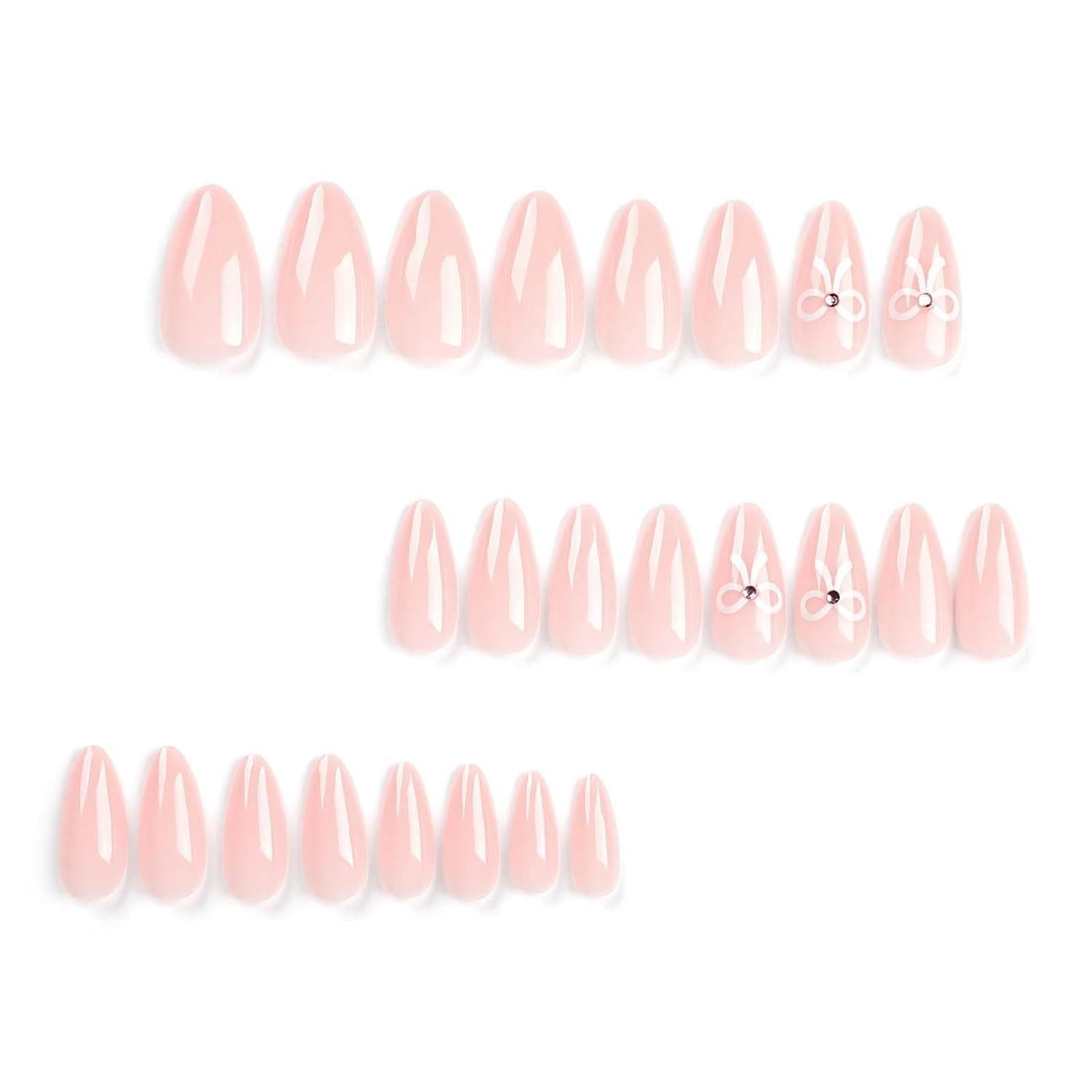 Gloss & Go 24 Reusable Artificial Fake Nail Set| Light Pink White Bow & Rehinstone Design Glossy Nails| Lightweight & Long Lasting| Quick Fix For Festivals & Special Occasions