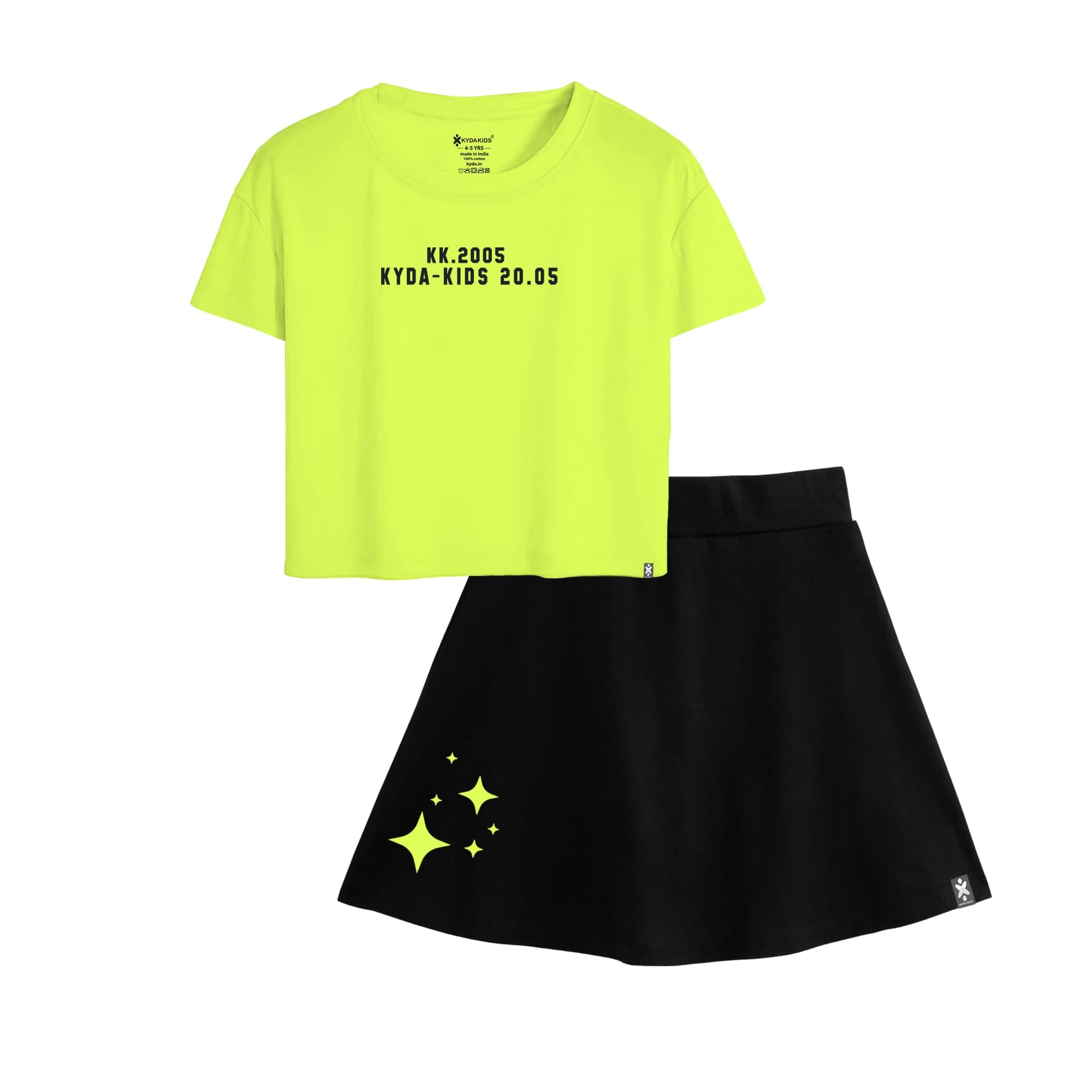 KYDA KIDS® Girls Premium 100% Cotton Crop Top and Skater Skirt Co-Ord Set with Inner Shorts | Printed Casual Summer Outfit | Soft Breathable Kids Wear