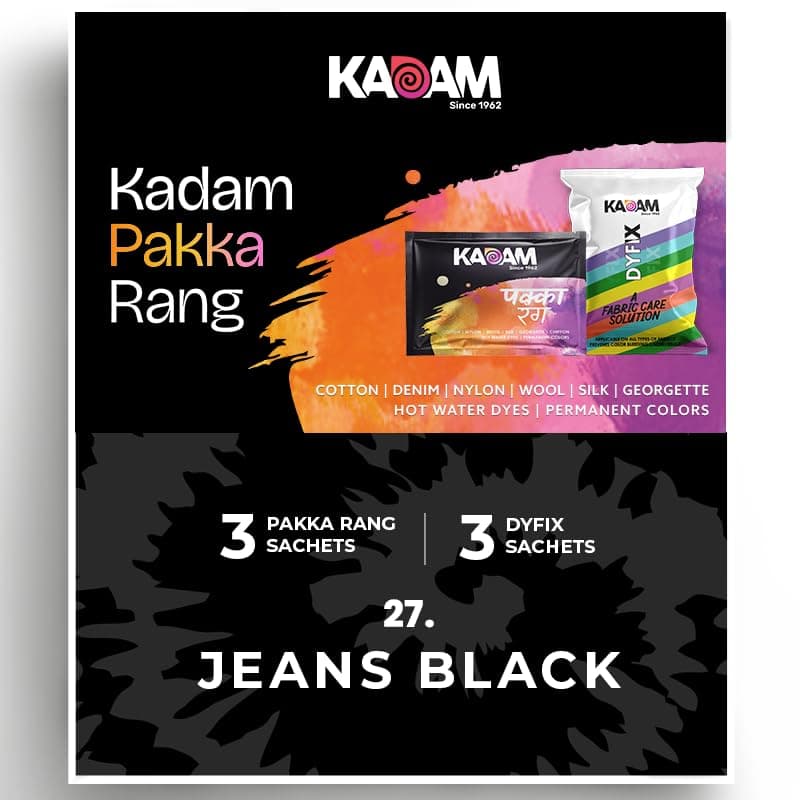 Kadam Pakka Rang | Jeans Black | 3 Kadam Pakka Rang Sachets | 3 DyFix Color Fixer Sachets | Permanent Fabric Dye Colors (Black)