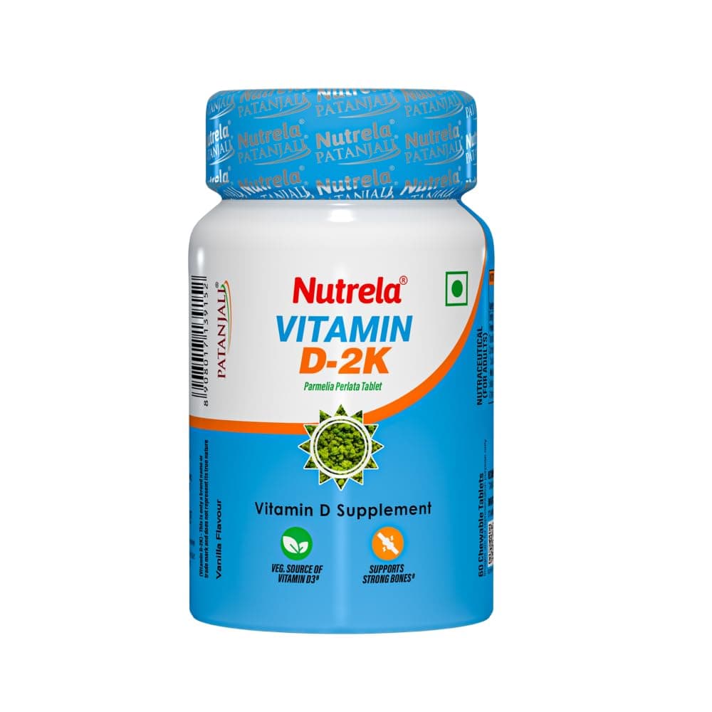Nutrela Vitamin D-2K – 60 Chewable Tablets | Natural Vitamin D3 from Parmelia Perlata (Lichen) | Vanilla Flavour | Pack of 1