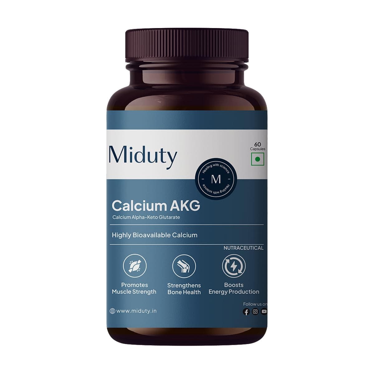 Miduty Calcium Alpha-Ketoglutarate (Ca-AKG) – 99% Stabilized Calcium AKG - Longevity & Bone Health Supplement For Men & Women – Supports Energy, Muscle Strength & Healthy Aging – 60 Veg Capsules