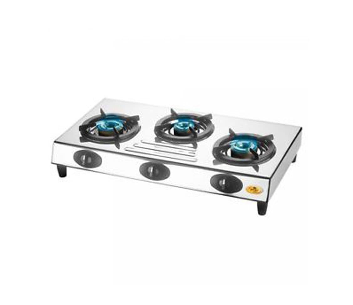 Bajaj CX9 Stainless Steel Gas Stove | 3-Burner | ISI Certified | 360 Degrees Central Swivel Nozzle | Open 【Silver】