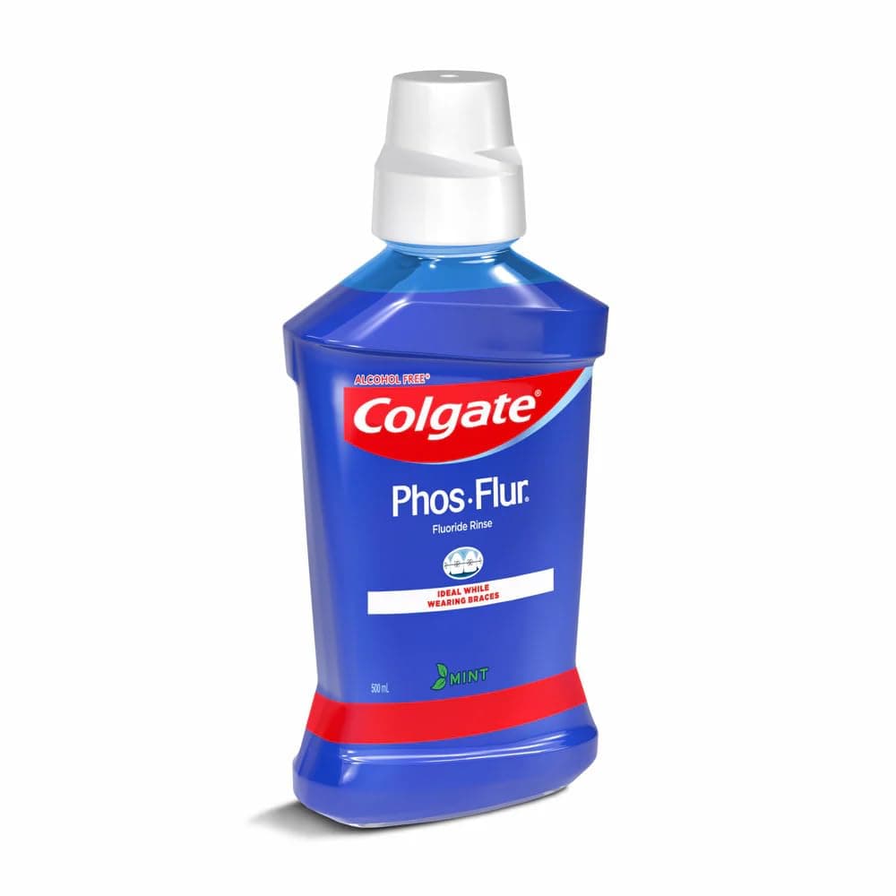 Colgate Phos-Flur Fluoride Mouth Rinse, Mint Flavour, 500ml, Alcohol-Free, Ideal for Braces Pack of 2