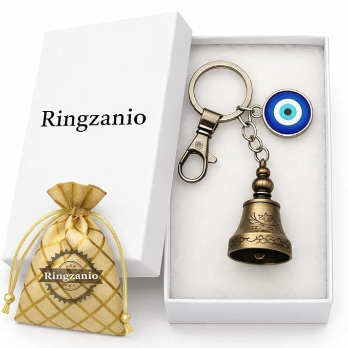 Ringzanio Guardian Bell Keychain for Bike & Car | Tibetan Texture Bell Keychain with Evil Eye & Silver Hook | Good Luck Charm | Guardian Bell Key Chain