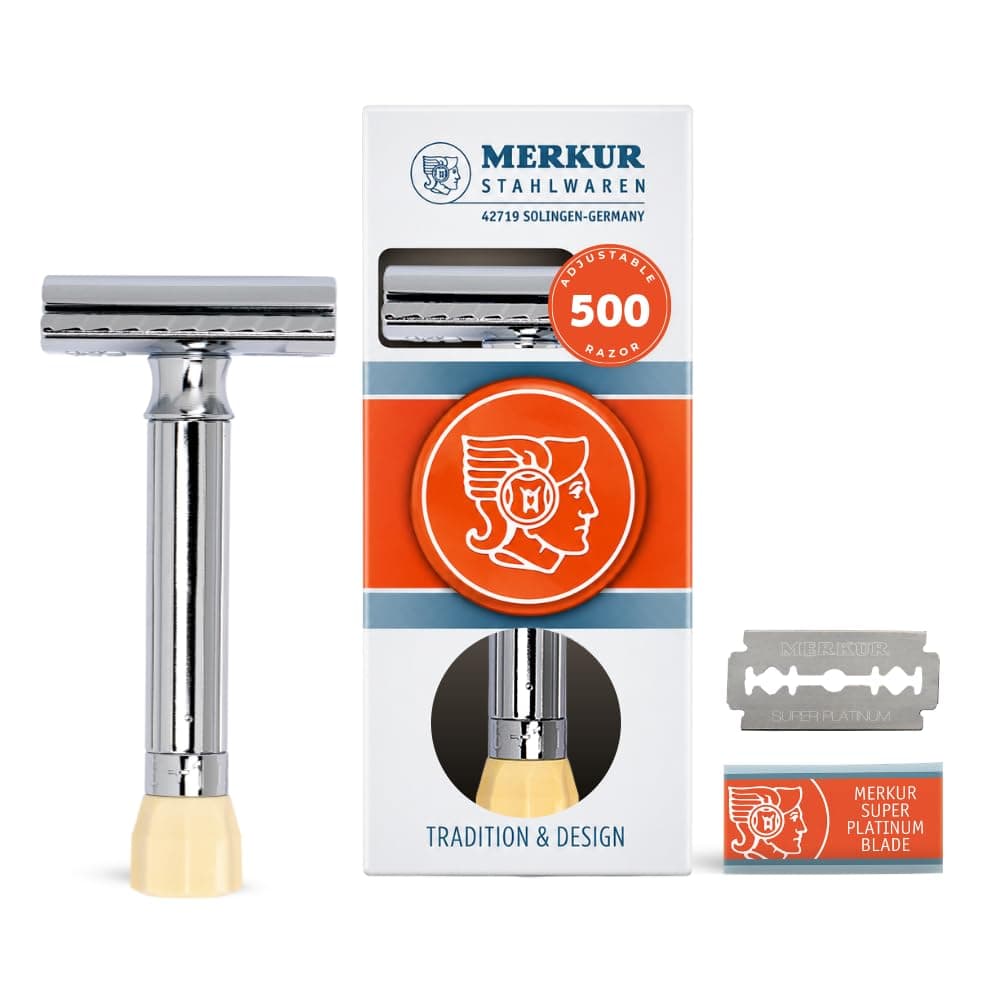 MERKUR Progress 500 Adjustable Double Edge Safety Razor - Standard Handle Adjustable Razor With Dial Made in Germany Plastic-Free Closed Comb Straight Bar (500001 - Short Handle)
