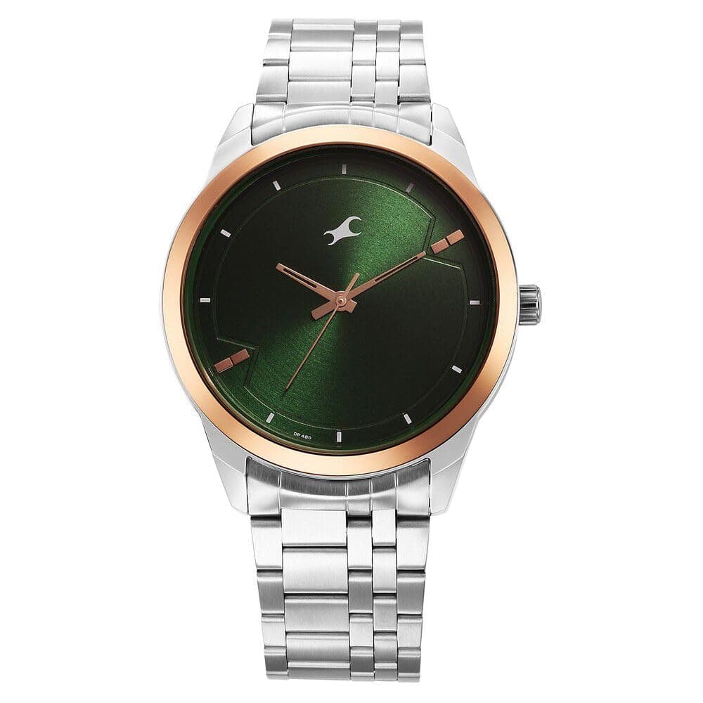 Fastrack Stunners Quartz Analog Forest Green Dial Silver Metal Strap Watch for Guys - NT3308KM03