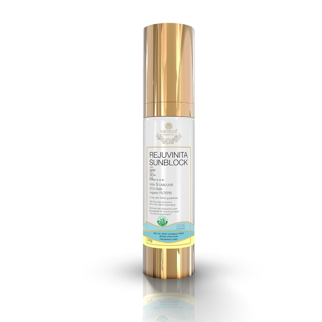 Vanaura Organics Rejuvinita Sunblock SPF 50+ PA++++ | Broad Spectrum, Sweat-Proof, Non-Comedogenic Sunblock for All Skin Types, 50g