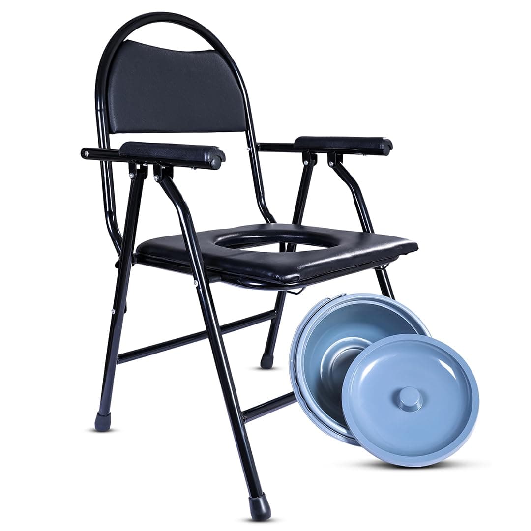 TryFit Commode Chair for Adults with Arm Rest & Cushion Back Support | Foldable 4-in-1 Bedside Toilet, Shower Chair & Toilet Safety Frame | Detachable Bucket | Epoxy Coated MS Frame | 120kg Load