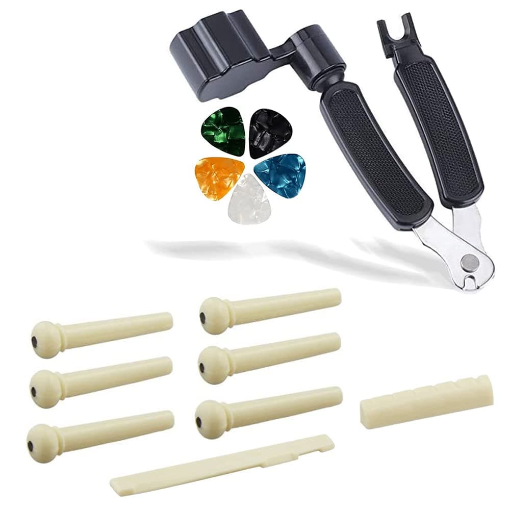Imaginea Guitar String Winder & Cutter, Guitar Bridge Pin Puller, 3 in 1 Multifunctional Winder with Guitar Saddle Pins and 5 Picks
